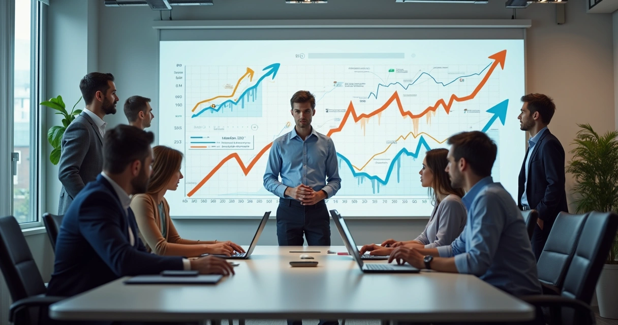 Equipe de SaaS em reunião com quadros de estratégias de crescimento. 