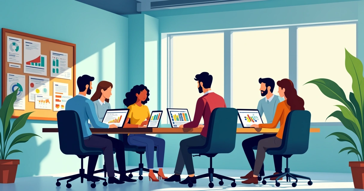 Grupo diversificado de profissionais analisando estratégias de marketing em um escritório moderno.