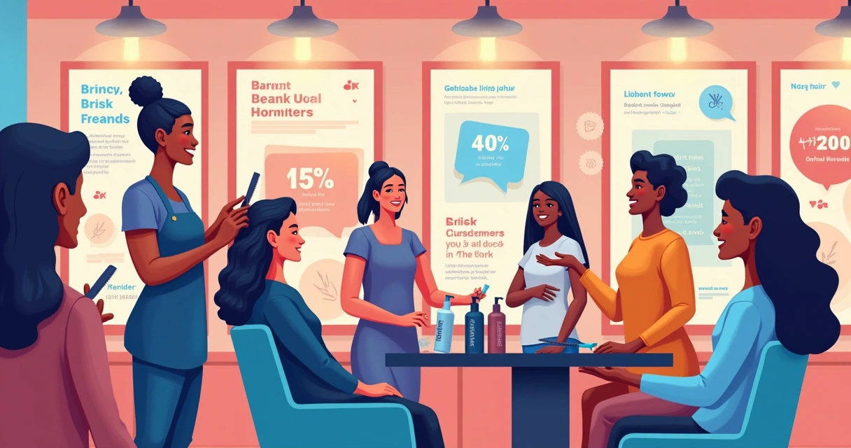 Salão de beleza com clientes felizes recebendo cortes de cabelo e promoções nas paredes.