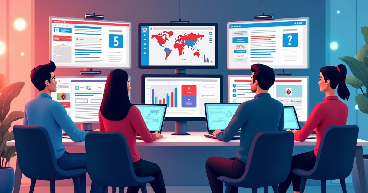 Equipe de campanha política analisando dados em telas digitais 