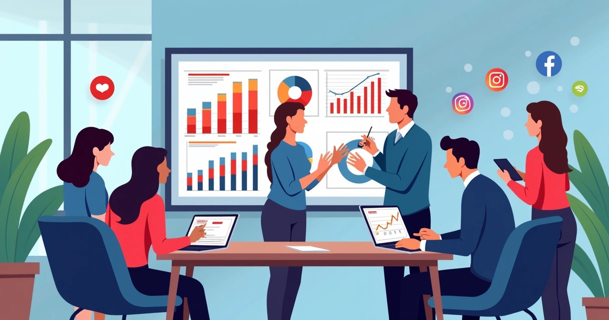 Equipe de campanha analisando dados e gráficos digitais em um escritório moderno 