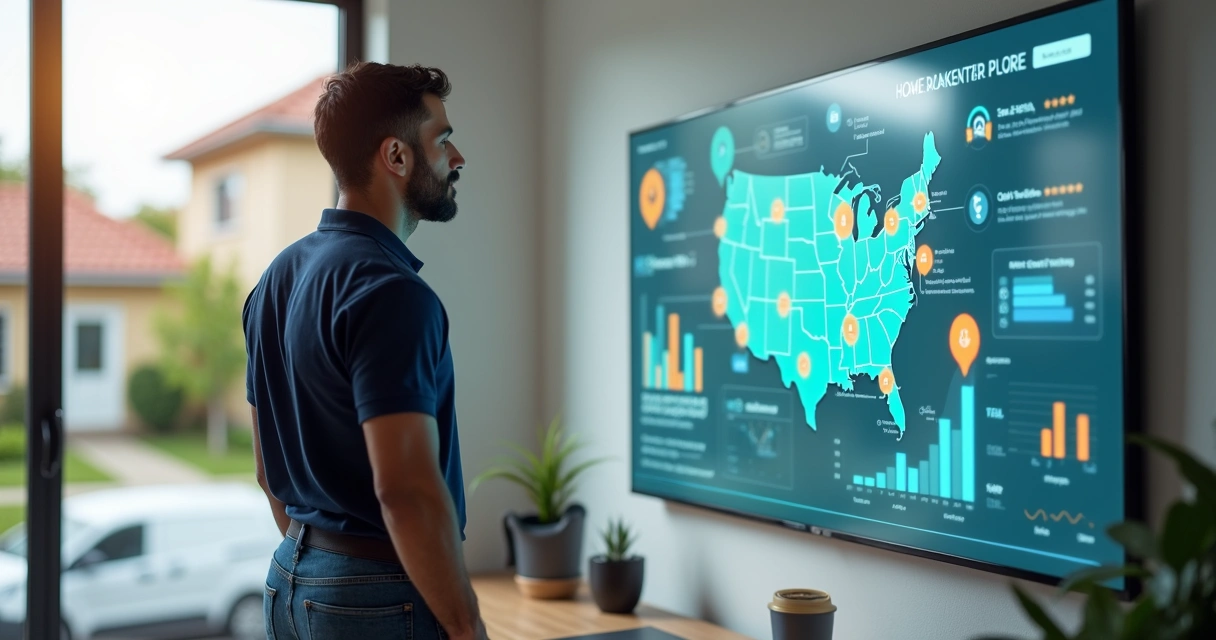 Profissional de home service olhando para painel digital com ícones de marketing 