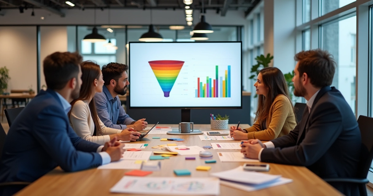 Equipe reunida em mesa de coworking analisando gráficos coloridos de funil de vendas em telas digitais 