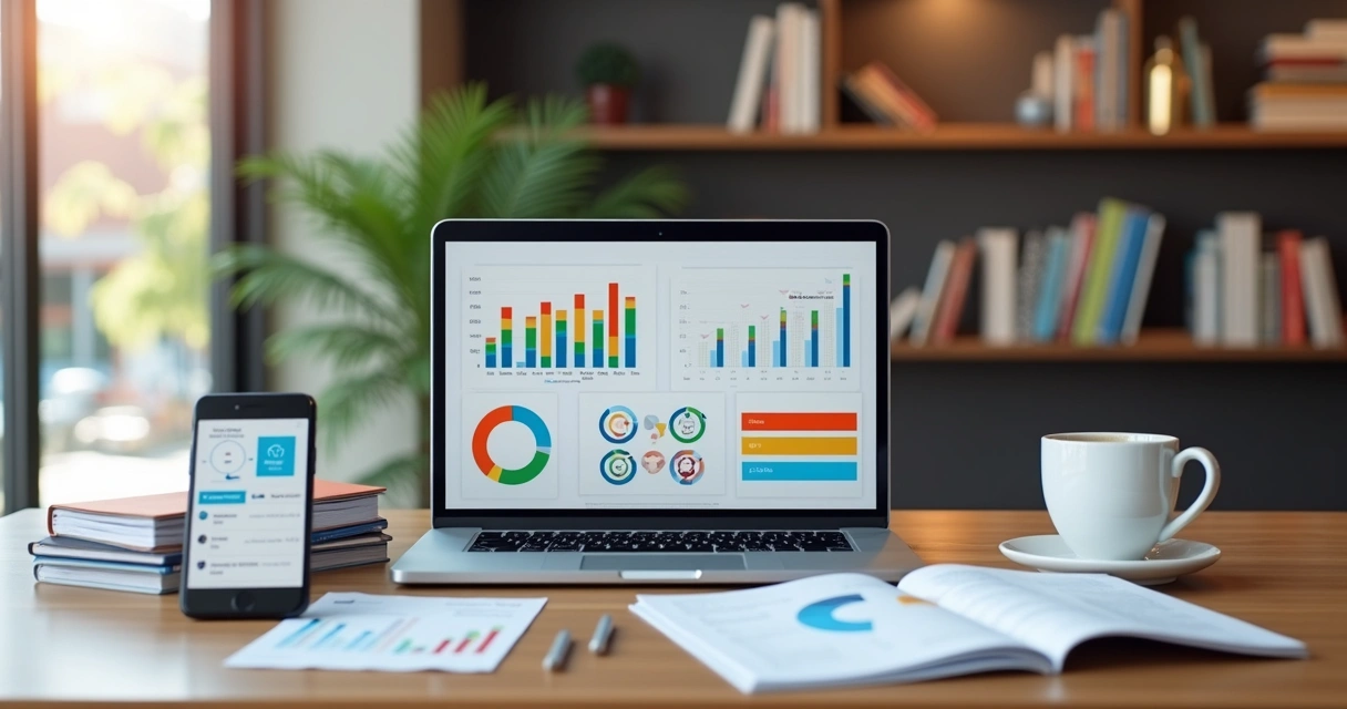 Mesa de trabalho com notebook mostrando gráficos de marketing digital, smartphone com redes sociais abertas, e anotações de planejamento de campanhas digitais 