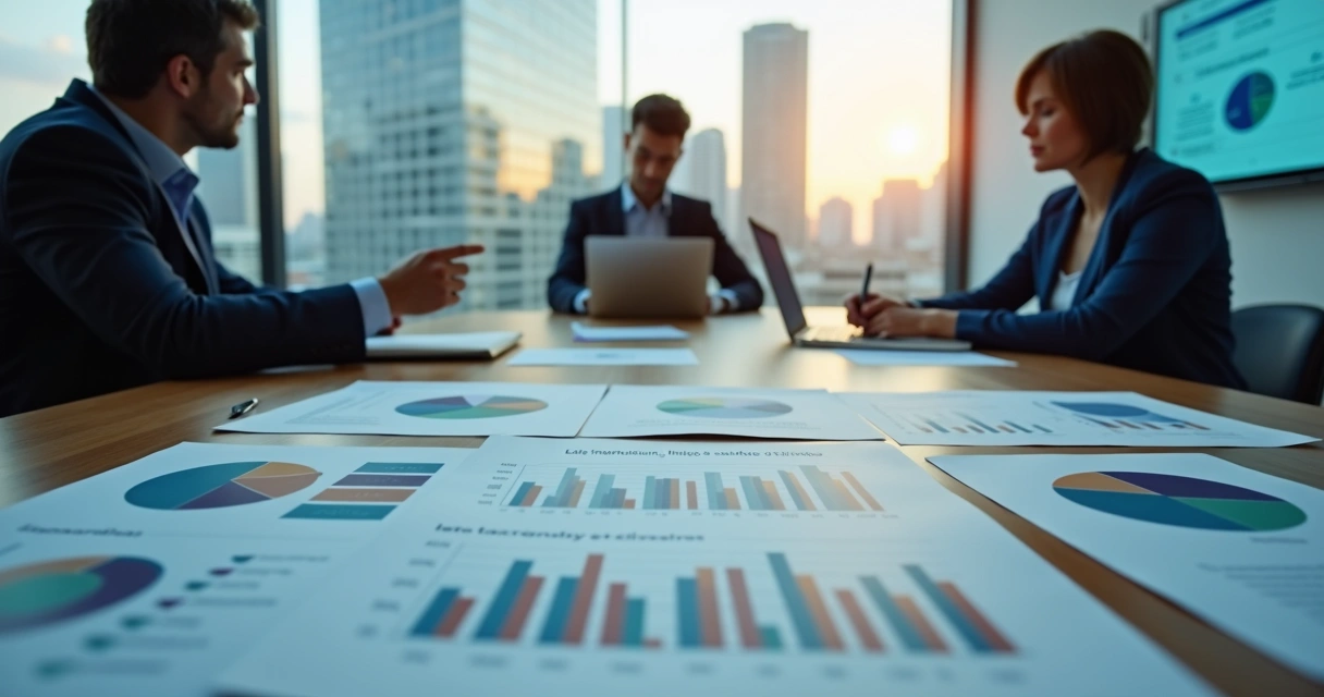 Mesa de reunião com gráficos fiscais sobre distribuição de lucros e legislação tributária 