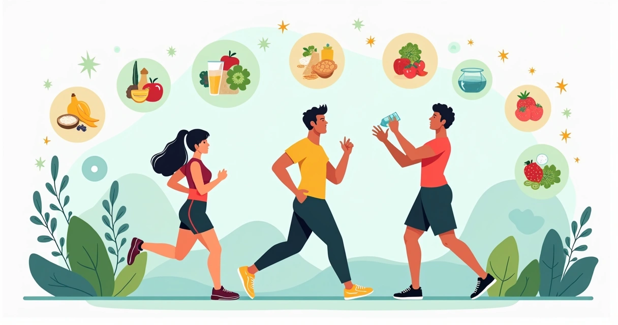 Ilustração flat corporativa de pessoas praticando exercícios, com alimentos saudáveis e elementos relacionados a saúde e bem-estar ao fundo 