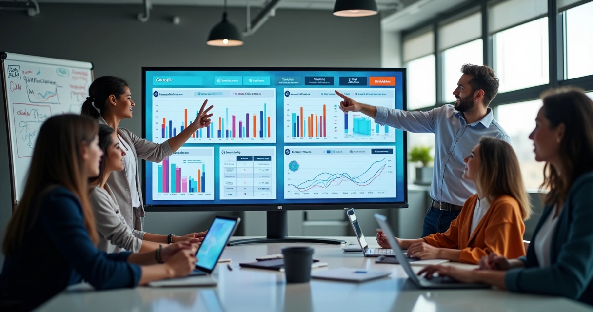 Equipe de afiliados e influenciadores reunida, com telas mostrando gráficos de engajamento, curtidas e cliques em um ambiente moderno e iluminado 