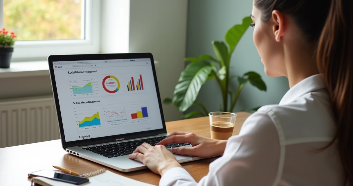 Empresária analisa gráficos de engajamento digital em laptop com smartphone e caderno ao lado, mesa de trabalho organizada com planta e copo de café 