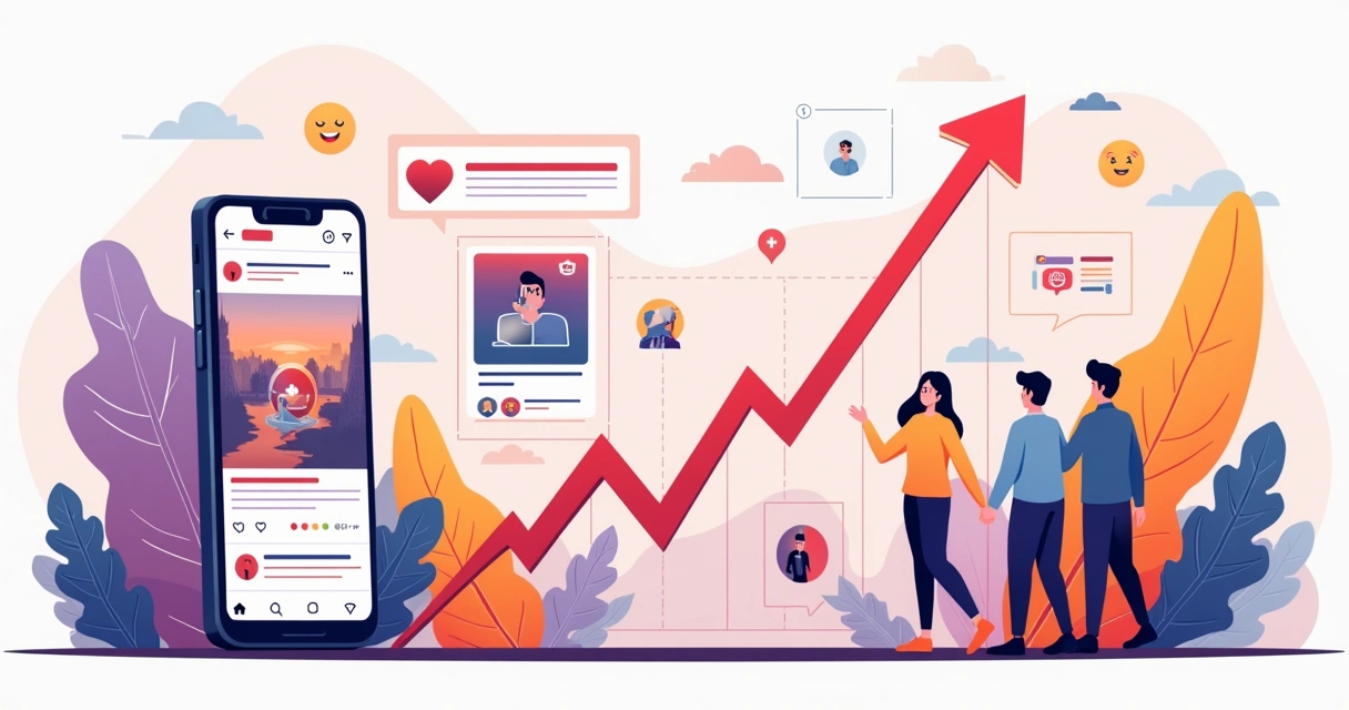 Ilustração com smartphone mostrando estratégia de engajamento no Instagram, postagens diversas e seguidores interagindo.