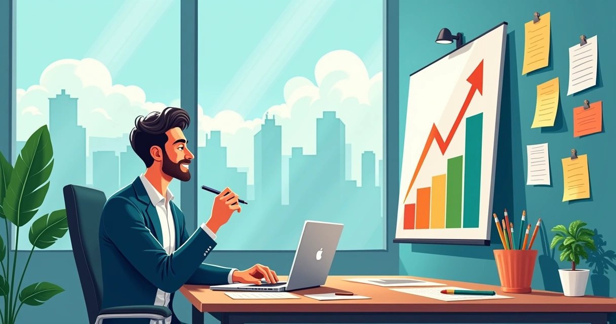 Empresário em escritório moderno analisando gráfico de fluxo de caixa em tela, cenário vibrante e produtivo.