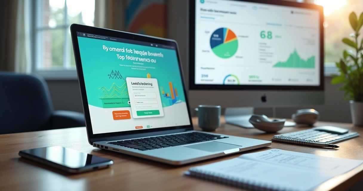 Tela de site com formulários e gráficos de conversão em um notebook sobre mesa de trabalho 