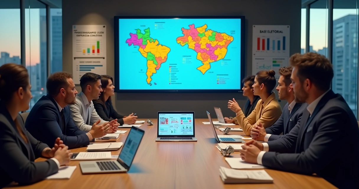 Equipe de campanha política analisando mapa eleitoral digital em mesa de reunião 