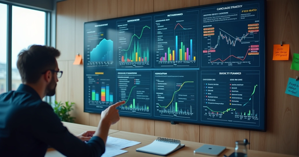Painel exibindo estratégias de gestão de risco em esquemas visuais 