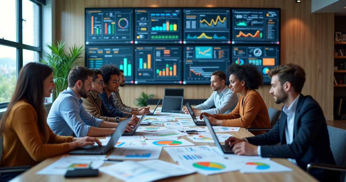 Equipe multidisciplinar reunida numa sala moderna analisando dados e gráficos para estratégias de growth hacking 