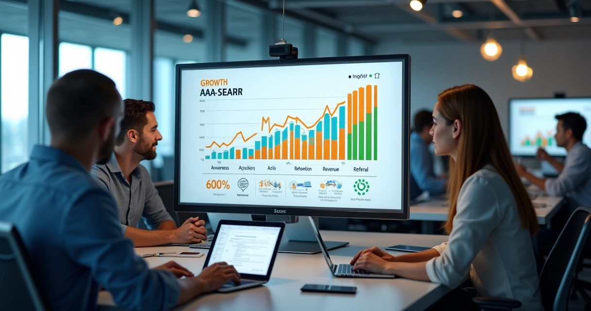 Ilustração detalhada de um painel digital com gráficos de crescimento, métricas e ícones representando etapas do funil AAARRR em um ambiente de trabalho moderno 
