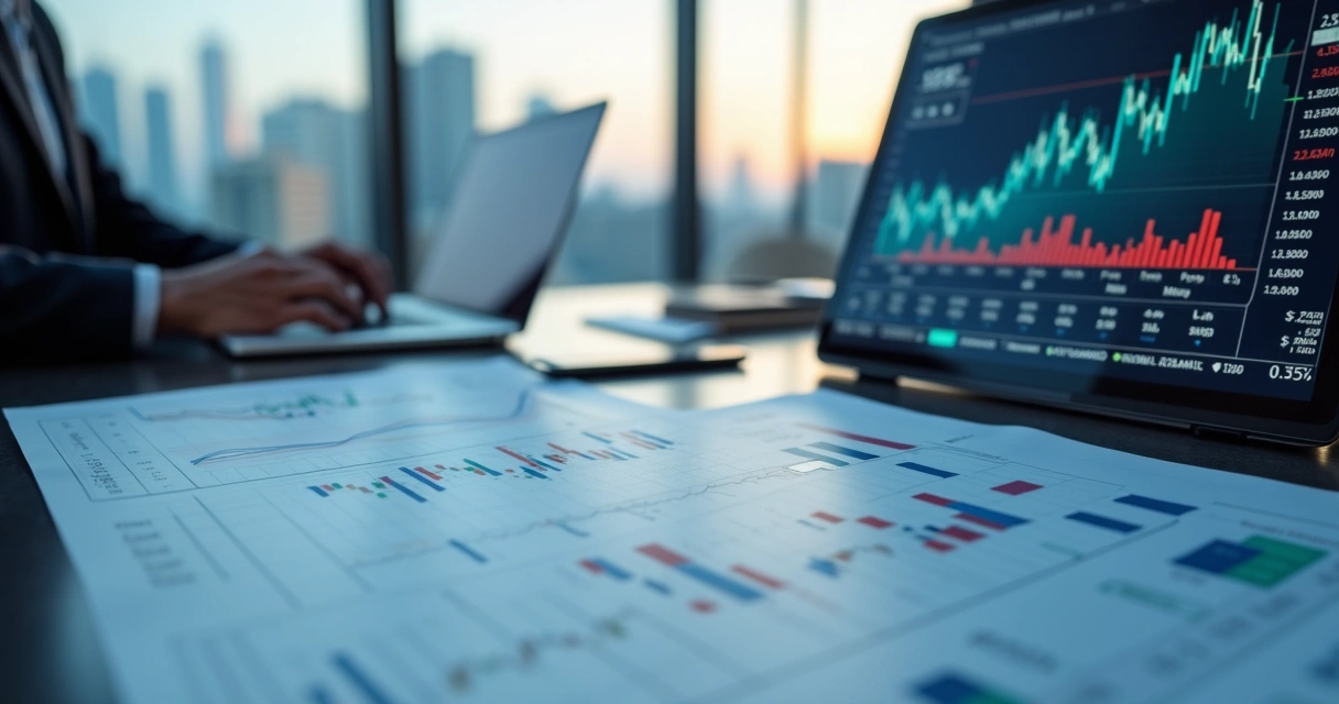 Mesa com gráficos financeiros, contratos futuros, opções e cotações de commodities em um ambiente corporativo moderno 