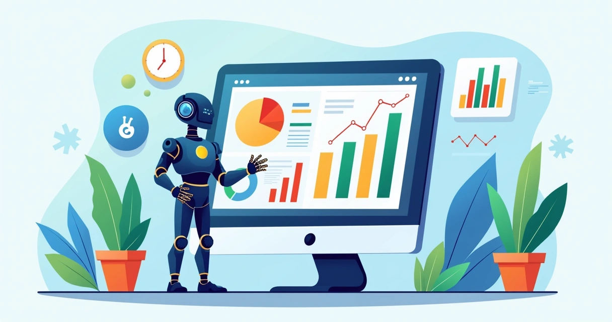 Ilustração corporativa plana de uma tela com gráficos de desempenho e robô analisando dados para otimizar campanhas de tráfego pago 