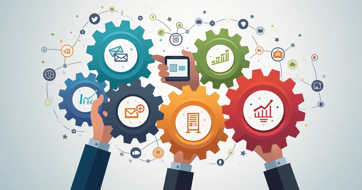 Engrenagens coloridas com símbolos de redes digitais e mãos usando tablet 