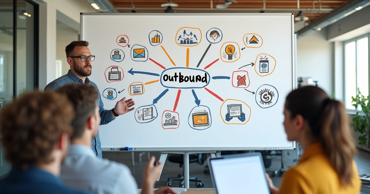 Quadro branco com fluxograma de estratégias inbound e outbound desenhadas 