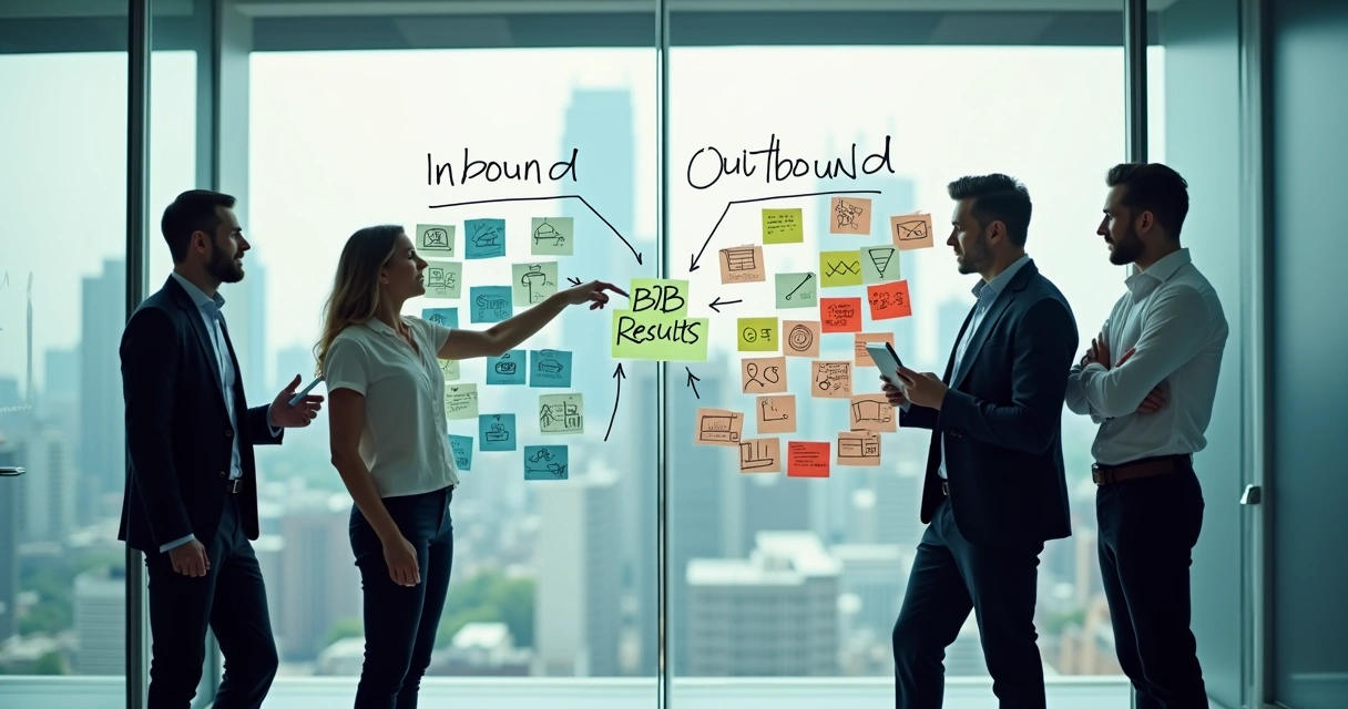 Equipe B2B analisando estratégias inbound e outbound frente a mural de dados 