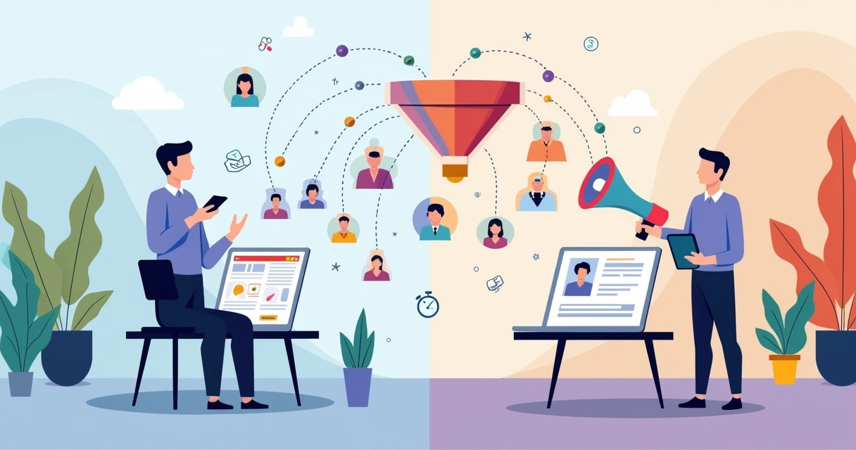 Ilustração comparando estratégias de geração de leads inbound e outbound em ambiente corporativo 