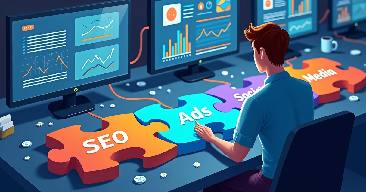 Representação visual de estratégias integradas de marketing digital 