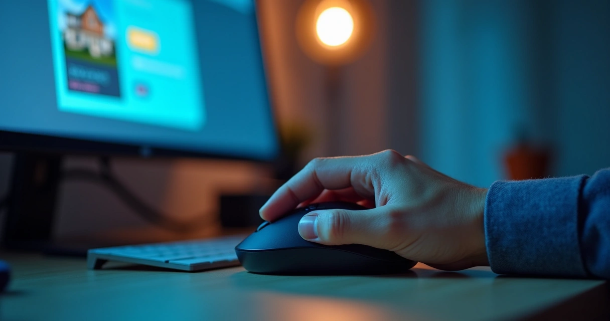 Mão clicando em mouse para dar lance em plataforma de leilão de imóveis online 