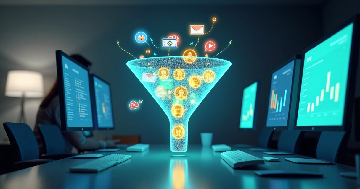 Conceito visual de geração de leads com funil dividido entre inbound e outbound 