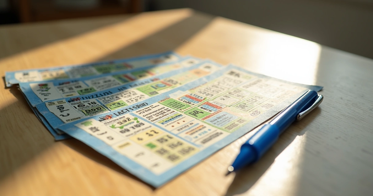 Bilhetes de loteria espalhados sobre mesa de madeira clara, caneta azul ao lado dos bilhetes 