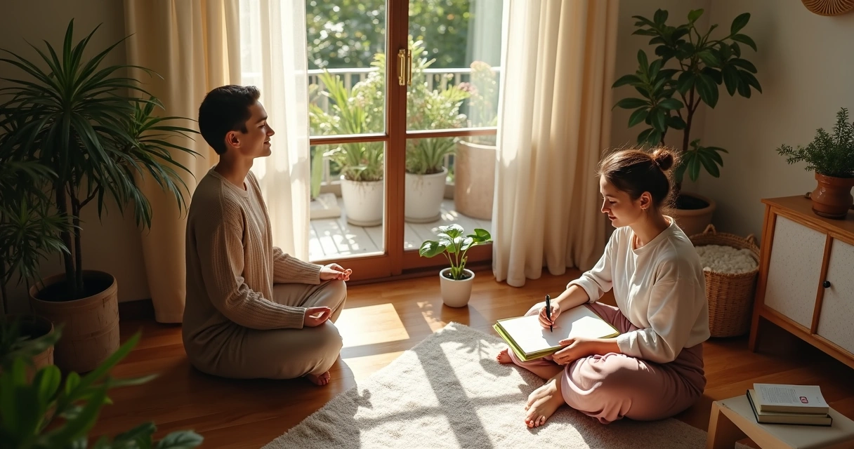 Persona meditando y otra escribiendo en un diario, ambas transmiten calma y autorreflexión 