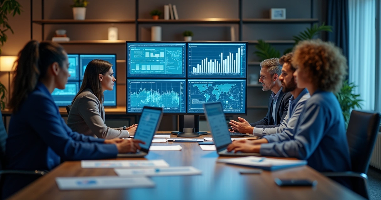 Profissionais analisando dados em monitores com gráficos de marketing digital e público consumidor 