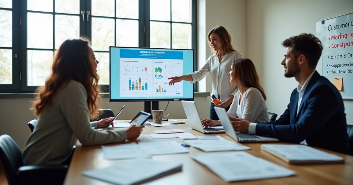 Equipe de marketing planejando estratégias digitais para serviços financeiros 