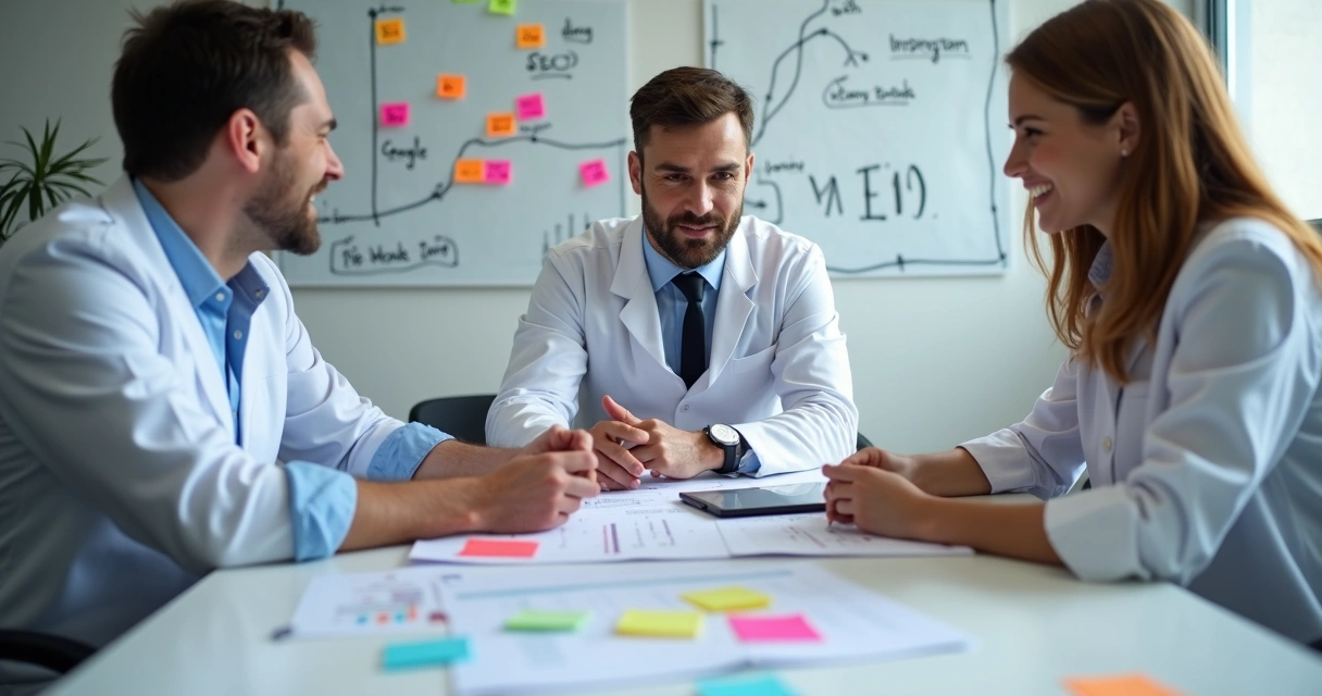 Equipe de clínica odontológica planejando estratégias digitais 