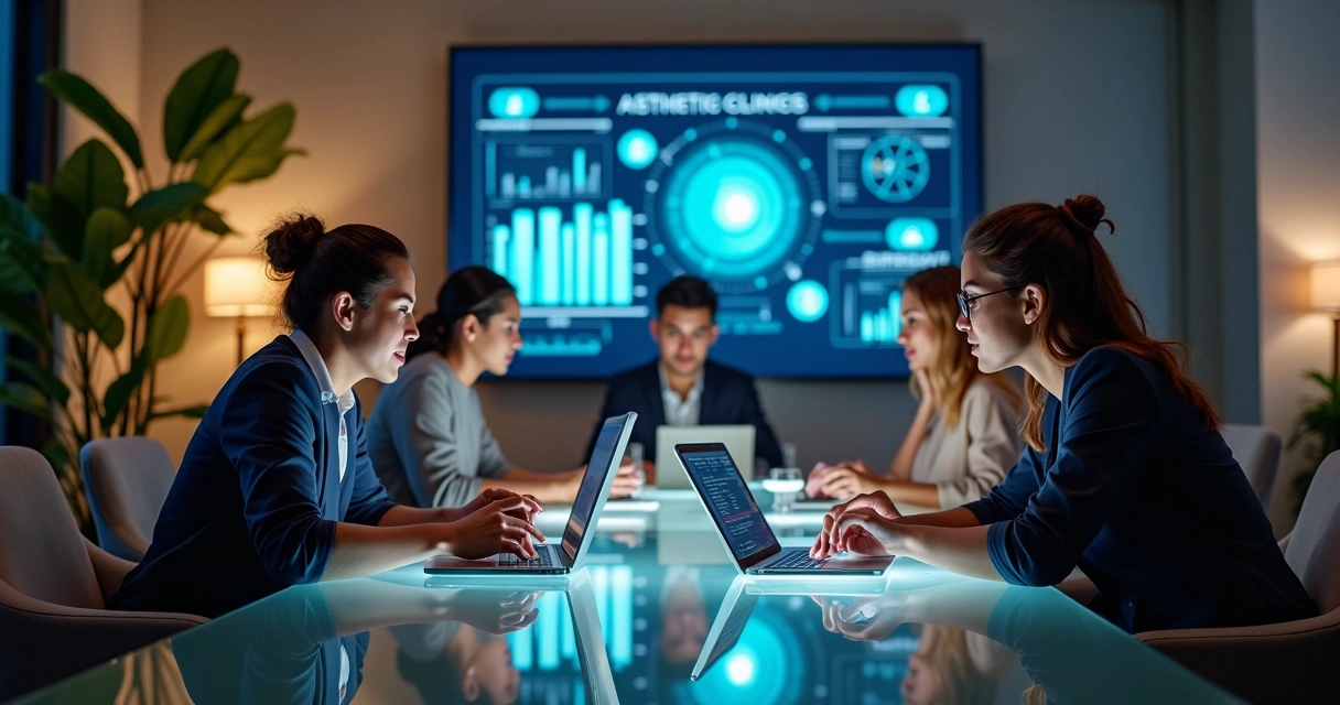 Equipe de marketing digital reunida em sala moderna planejando estratégias para clínicas de estética 