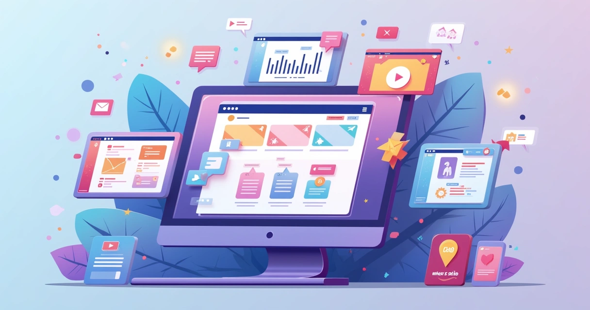 Múltiplas telas mostram estratégias de marketing digital, funil de vendas e engajamento online 