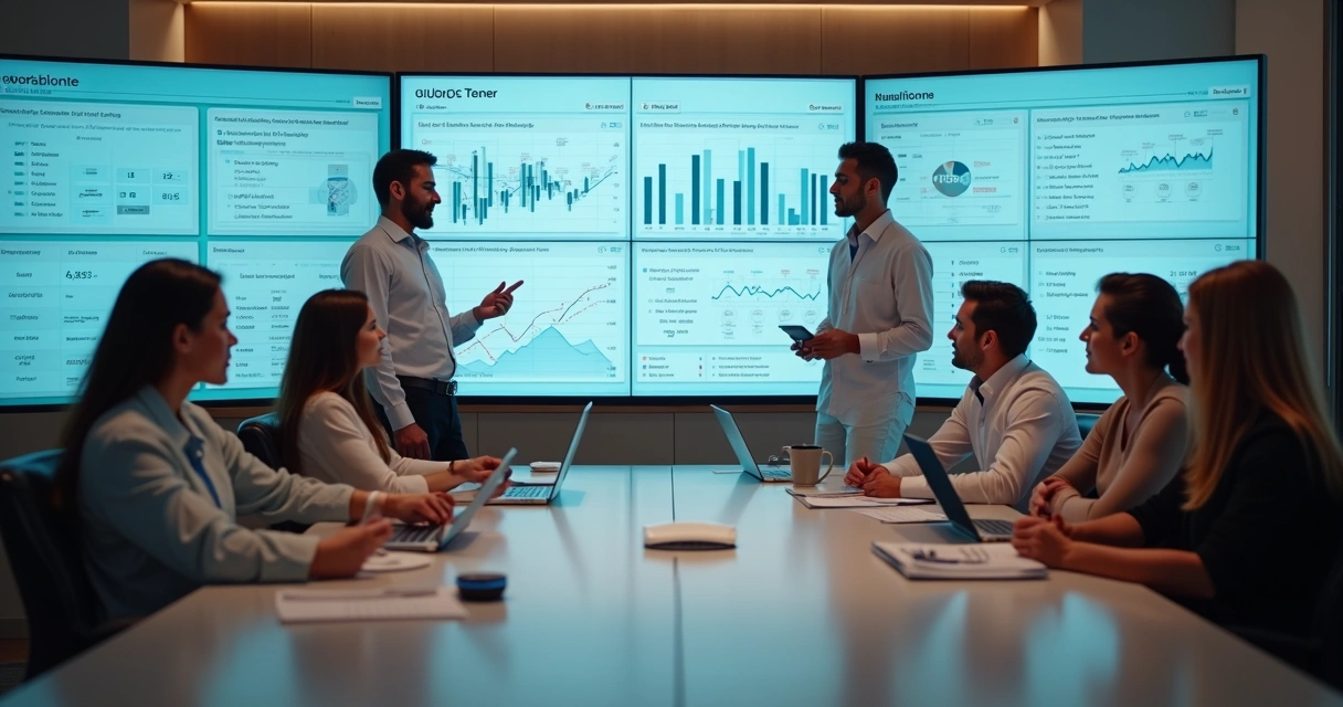 Equipe de uma clínica dermatológica reunida em um ambiente moderno, avaliando gráficos e dados em telas digitais de planejamento estratégico 