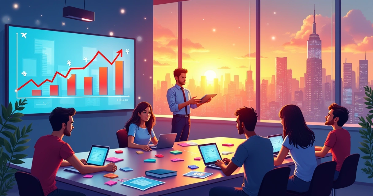 Grupo diverso brainstorming sobre estratégias de marketing digital em frente a uma tela de análise com gráficos.