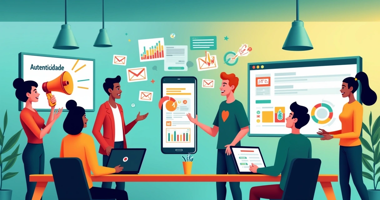 Ilustração de estratégias de marketing digital em 2025 com pessoas, telas e ícones de automação.