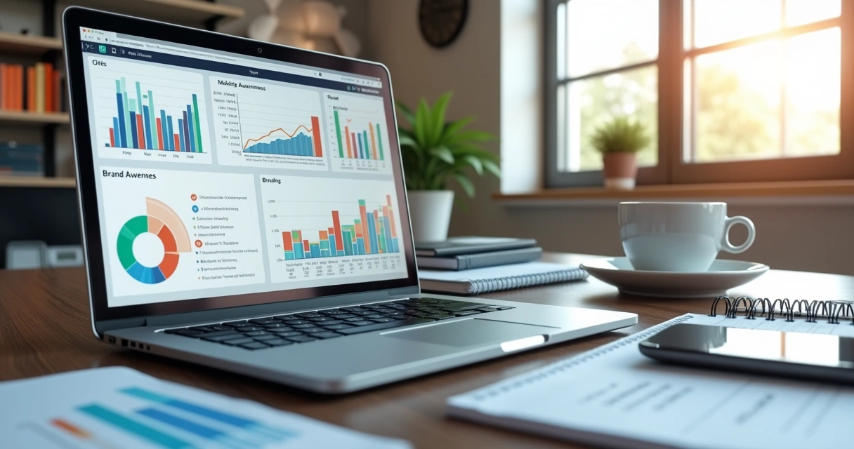 Mesa de escritório com computador exibindo gráficos de marketing digital e livros sobre branding ao lado 