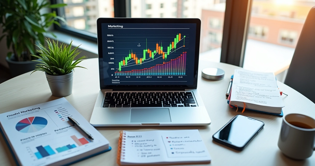 Mesa de escritório com laptop aberto mostrando gráficos de marketing digital e estratégias de crescimento 