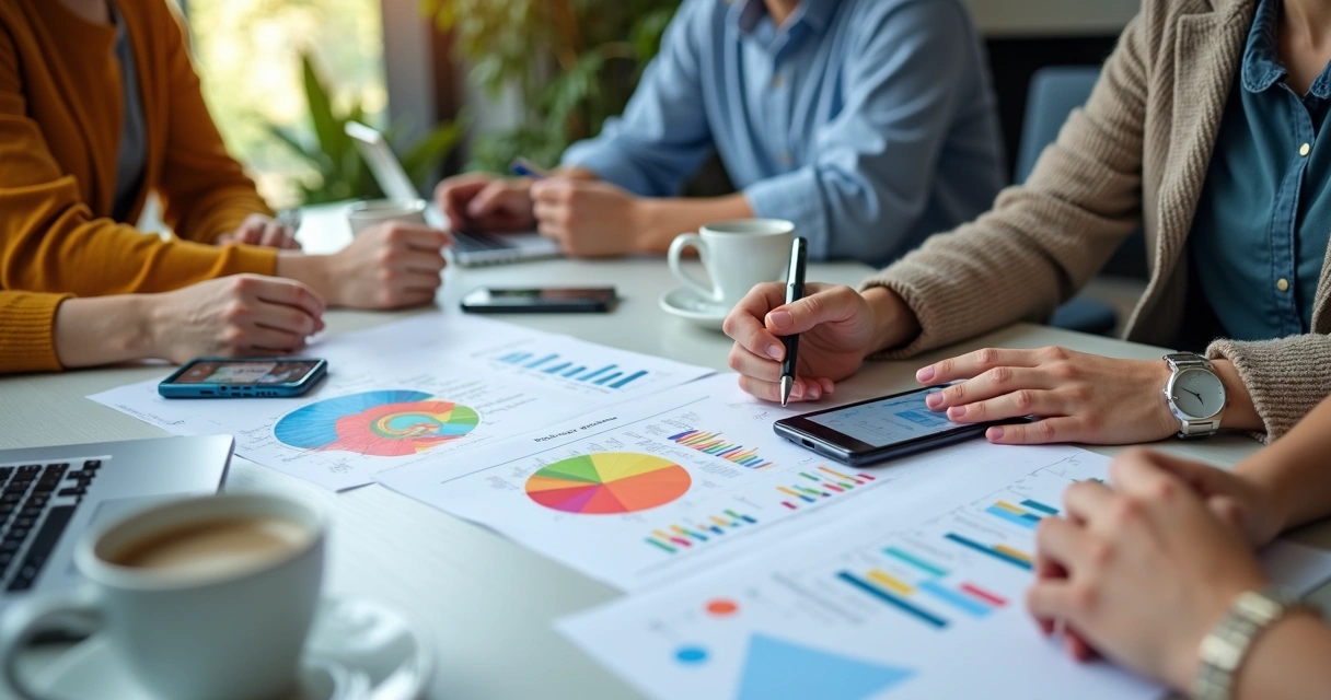 Mesa com equipamentos e gráficos de estratégia digital 