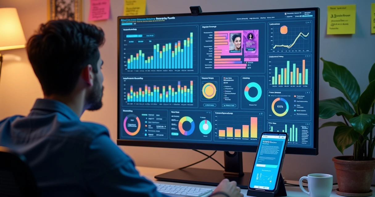 Pessoa analisando métricas de marketing digital em gráficos multicoloridos na tela
