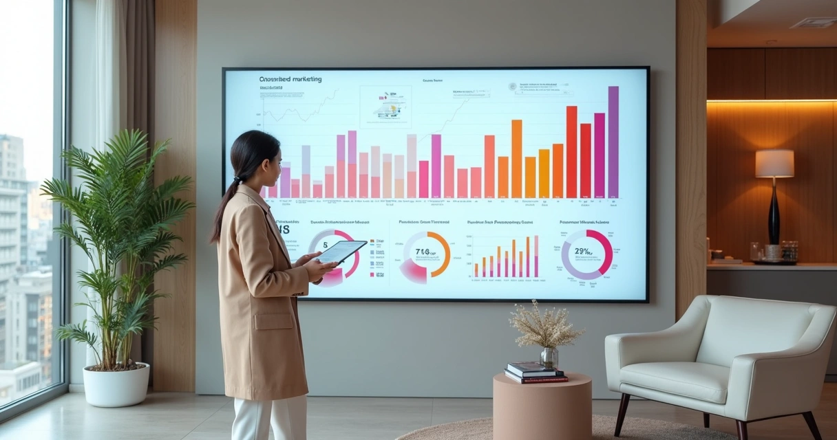 Profissional de marketing digital apresentando estratégias em tela com gráficos para clínica de estética moderna e elegante 