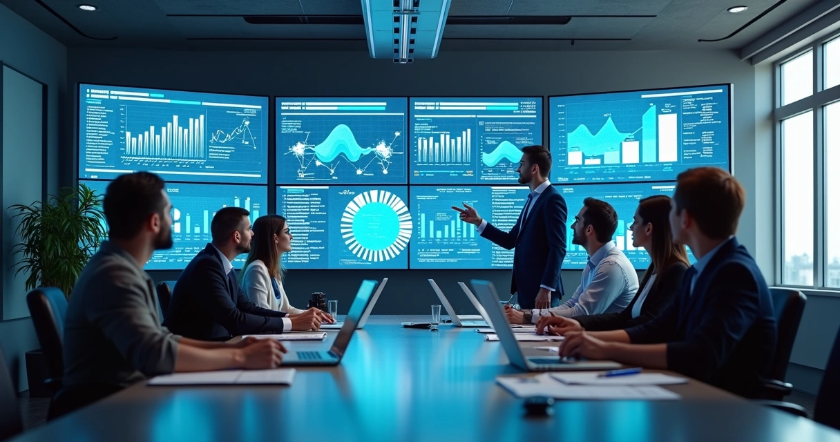 Equipe de profissionais reunidos em escritório moderno, analisando gráficos de crescimento digital em telas e discutindo estratégias integradas de marketing para pequenas empresas 