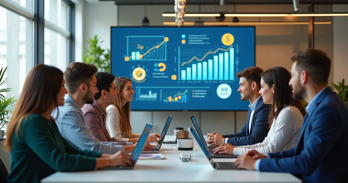 Equipe de marketing educacional reunida trabalhando com gráficos e computadores numa sala moderna 