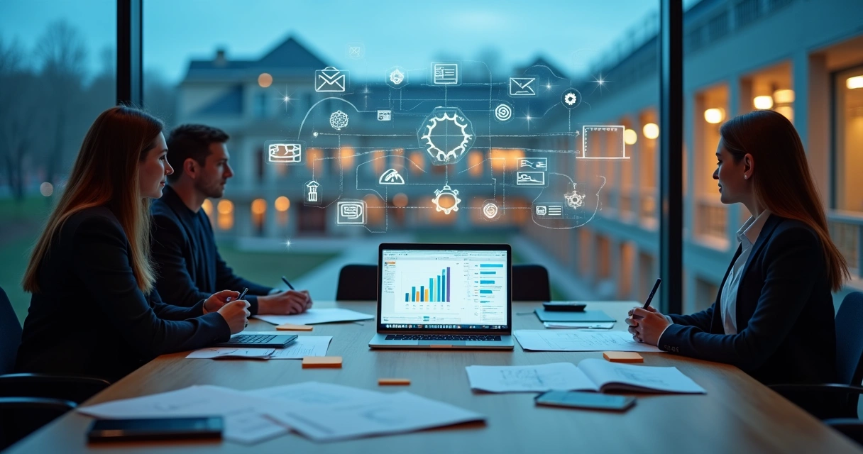 Planejamento de marketing educacional com símbolos digitais ao redor de universidade à noite 