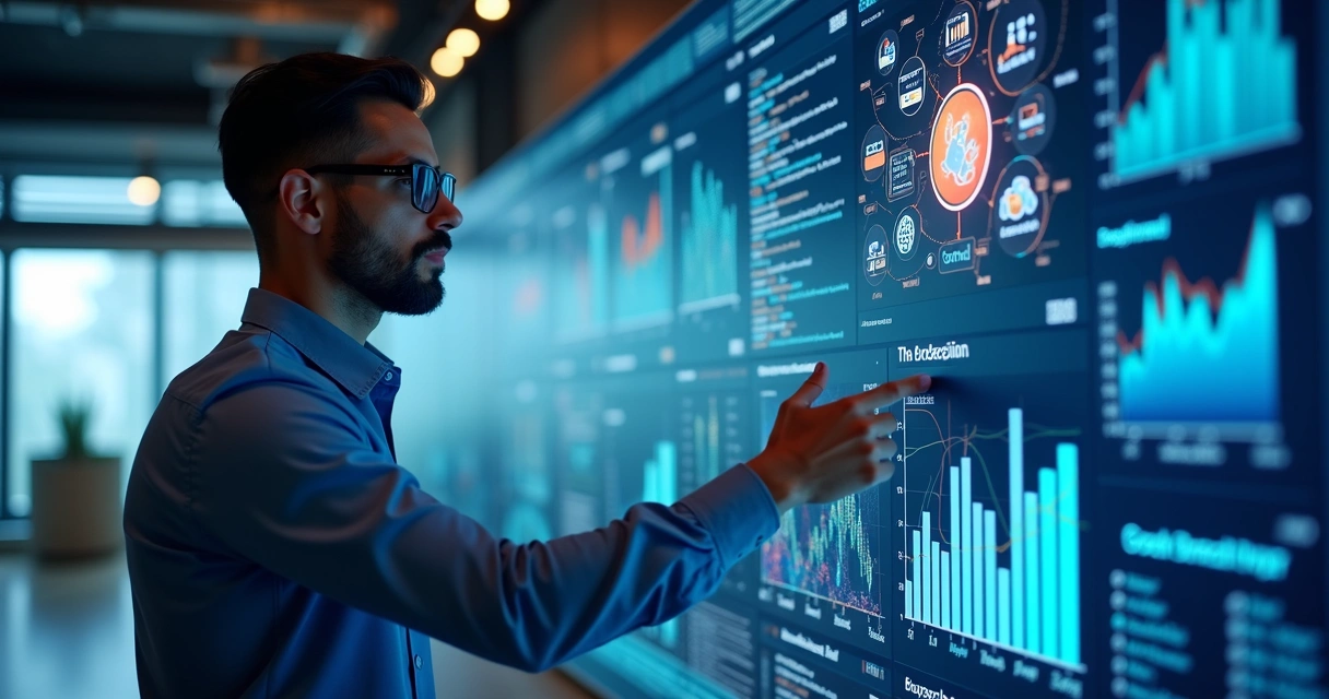 Profissional usando painel digital de marketing com gráficos e elementos de IA 