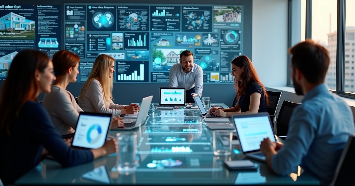 Composição visual de especialistas em marketing e vendas discutindo estratégias para imobiliária, com gráficos e telas digitais ao fundo 