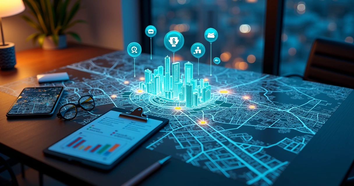 Mapa urbano visto de cima com ícones digitais marcando imóveis e leads no celular 