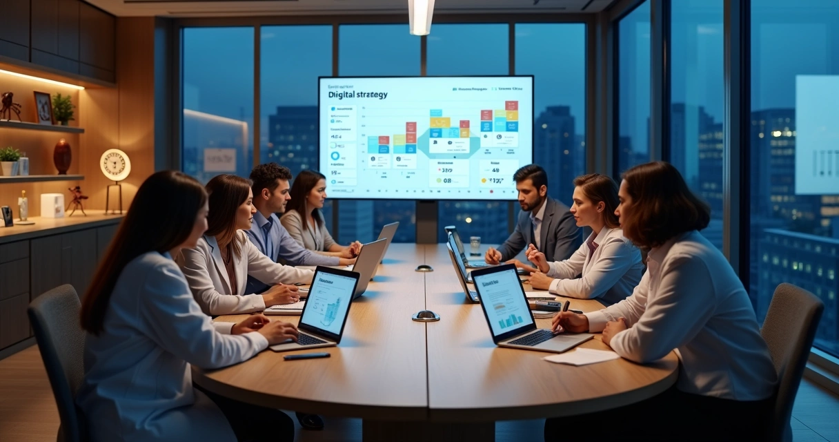 Equipe de marketing médico analisando dados digitais em grande mesa redonda 